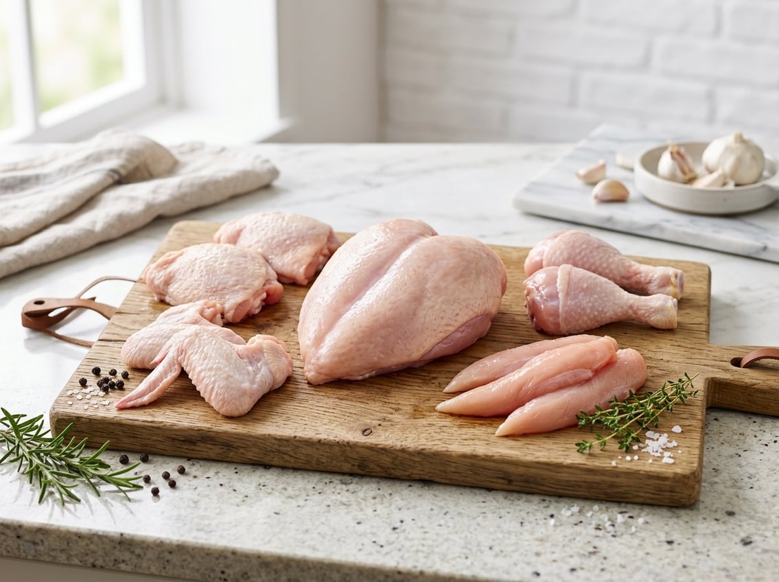 Various raw chicken cuts including a chicken breast, thighs, drumsticks, and wings arranged on a wooden cutting board with fresh herbs.