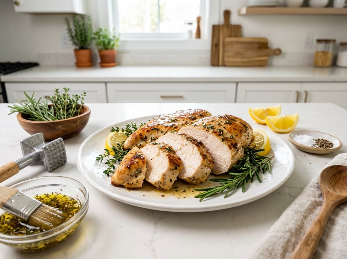Close-up of a cooked chicken breast on a plate with fresh herbs, lemon wedges, and a meat tenderizer on a kitchen countertop.