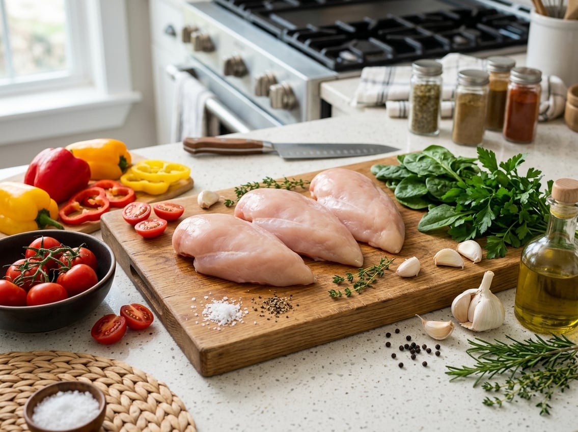 Fresh raw chicken breasts on a wooden cutting board surrounded by vegetables and cooking ingredients in a kitchen setting.
