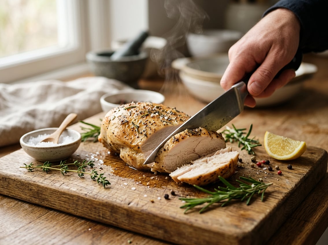 Close-up of a sliced, juicy chicken breast on a wooden cutting board with fresh herbs and a lemon wedge nearby.