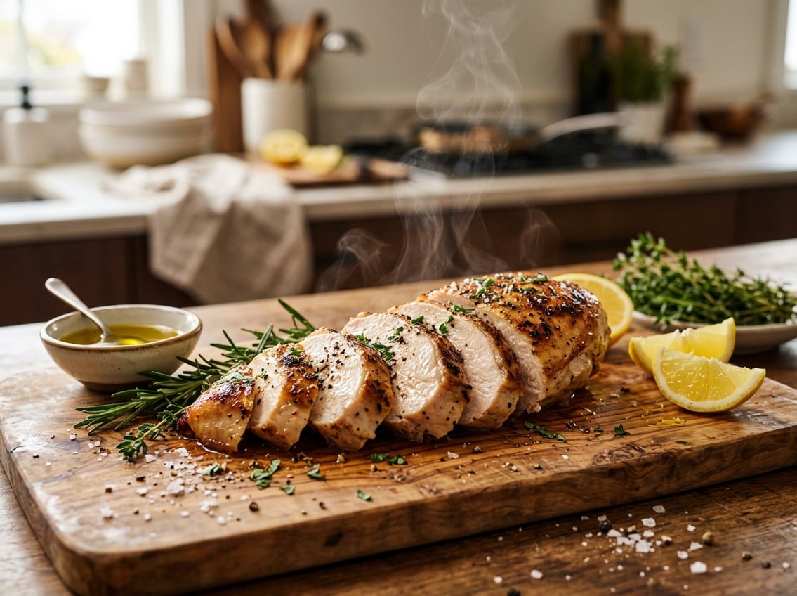 A sliced, juicy chicken breast on a wooden cutting board with fresh herbs, lemon wedges, and seasoning nearby.