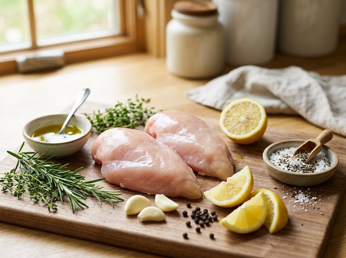 Fresh raw chicken breasts on a wooden cutting board with lemon, garlic, herbs, olive oil, salt, and pepper arranged around them.