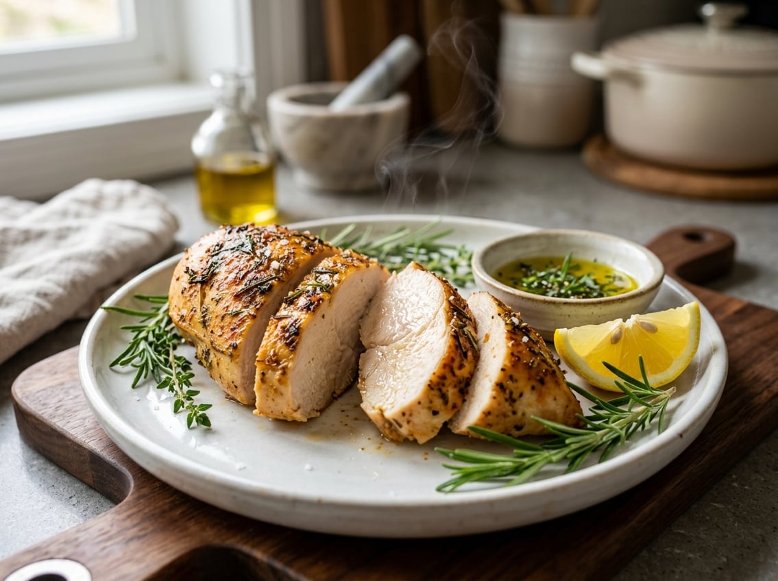 A sliced, juicy chicken breast on a plate with herbs, lemon wedge, and olive oil on a kitchen countertop.