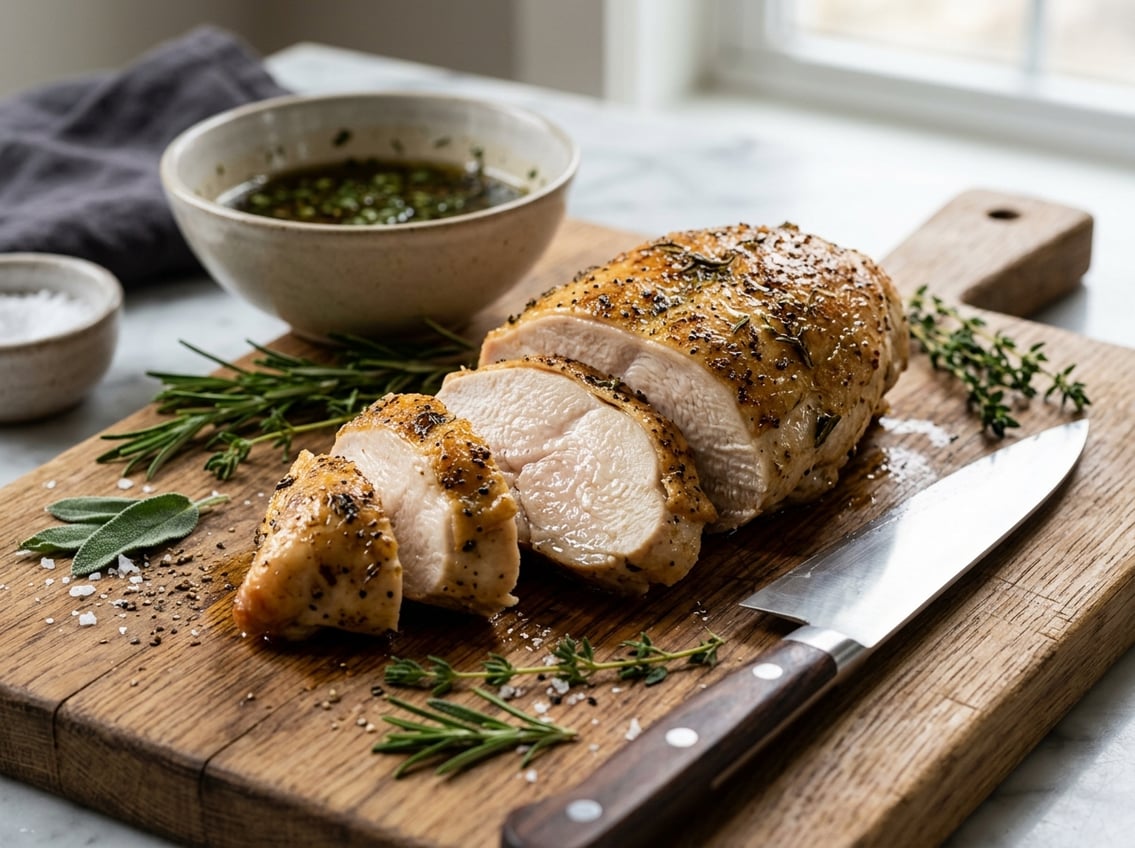 Sliced cooked chicken breast resting on a wooden cutting board with herbs and a knife nearby.