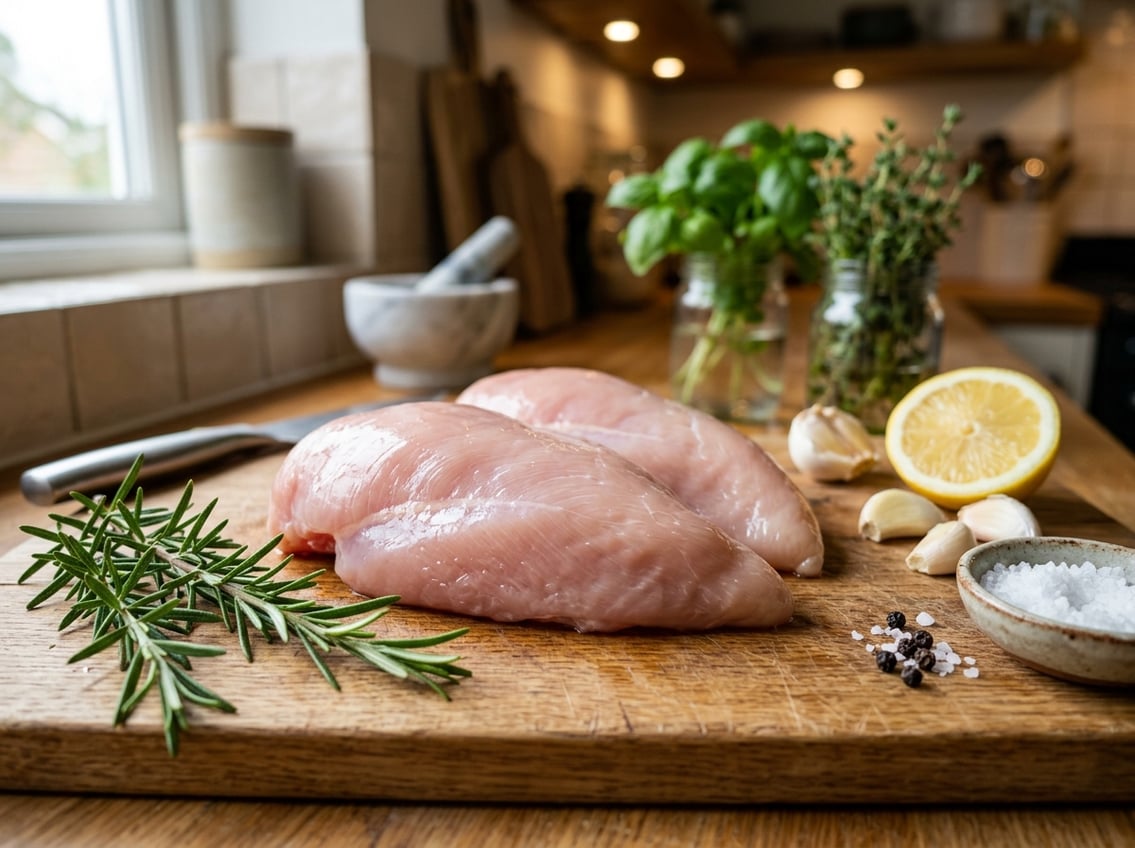 Close-up of raw chicken breasts on a wooden cutting board surrounded by rosemary, garlic, lemon slices, and salt in a kitchen setting.