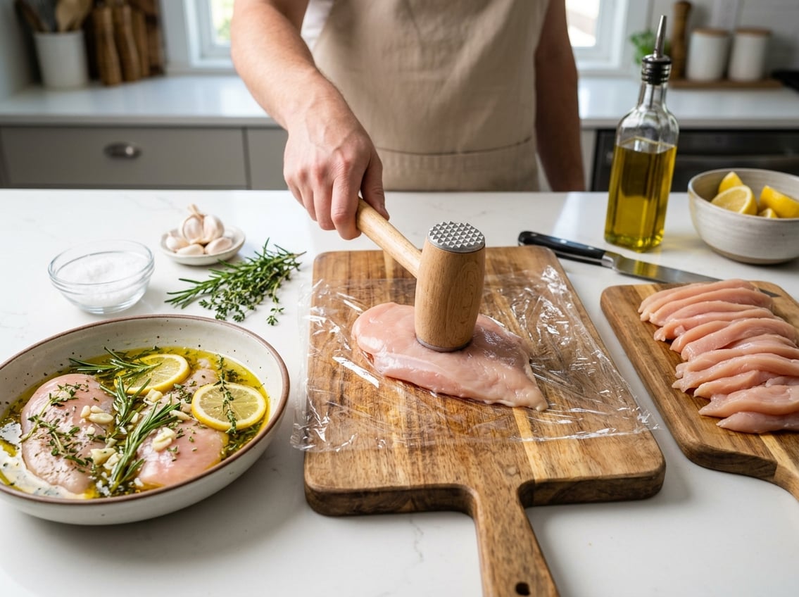 Raw chicken breasts being tenderized and marinated on a kitchen countertop with fresh herbs and ingredients nearby.