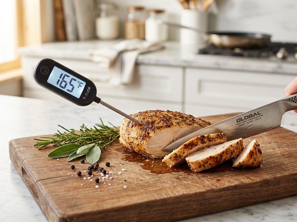 A cooked chicken breast being sliced on a cutting board with a digital thermometer inserted showing the temperature.