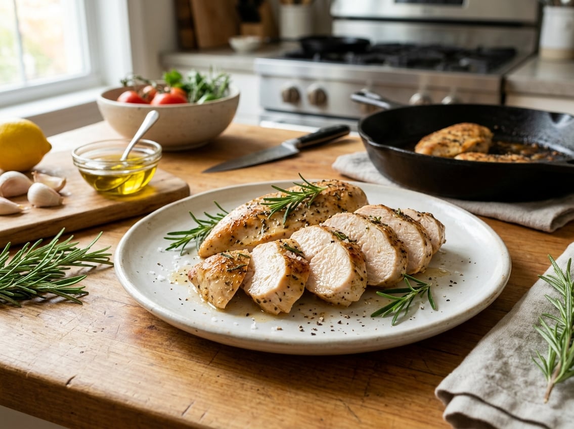 Close-up of sliced cooked chicken breast on a plate with fresh herbs, lemon wedges, and garlic on a kitchen countertop.