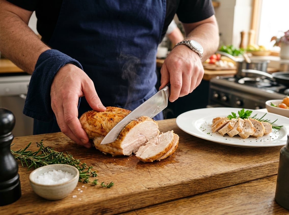 Close-up of hands slicing a cooked chicken breast on a cutting board with sliced chicken arranged on a plate garnished with fresh herbs.