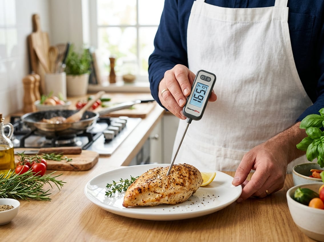 Close-up of a cooked chicken breast being checked with a digital meat thermometer in a bright kitchen.