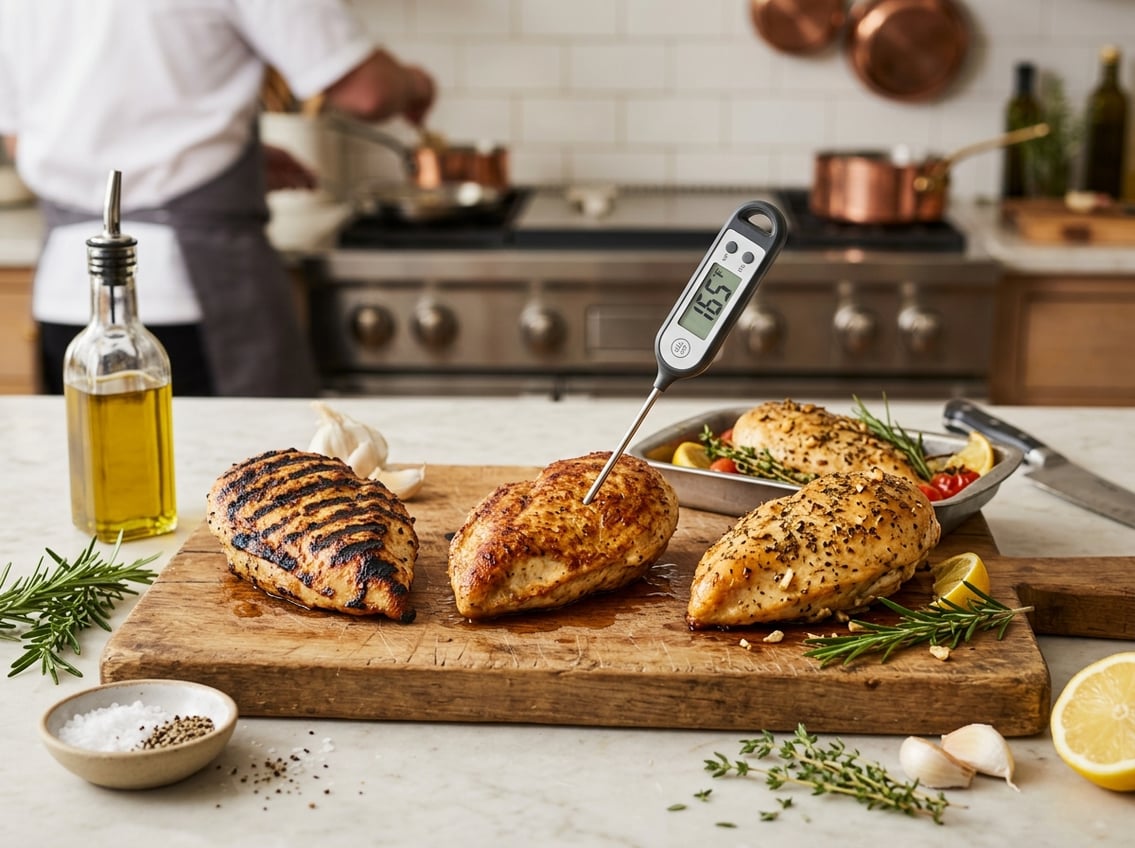 Three chicken breasts cooked by grilling, pan-searing, and roasting displayed on a wooden cutting board with a meat thermometer and fresh ingredients on a kitchen countertop.