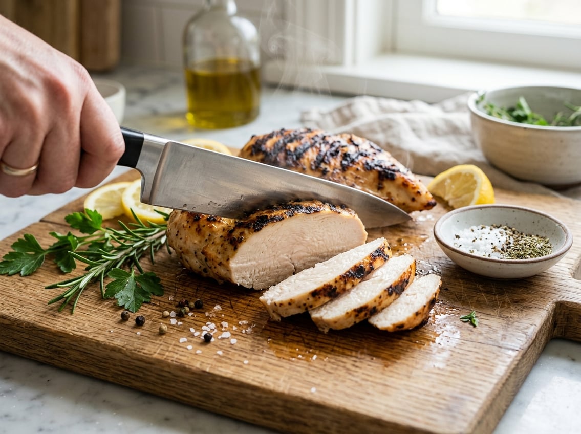 A sliced cooked chicken breast on a wooden cutting board with fresh herbs nearby in a bright kitchen.