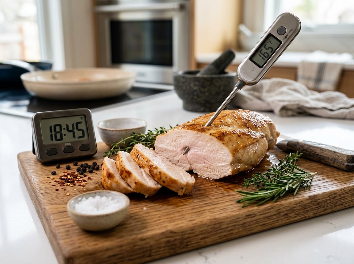 A sliced cooked chicken breast on a cutting board with a kitchen timer and meat thermometer, surrounded by fresh herbs and seasoning in a kitchen.