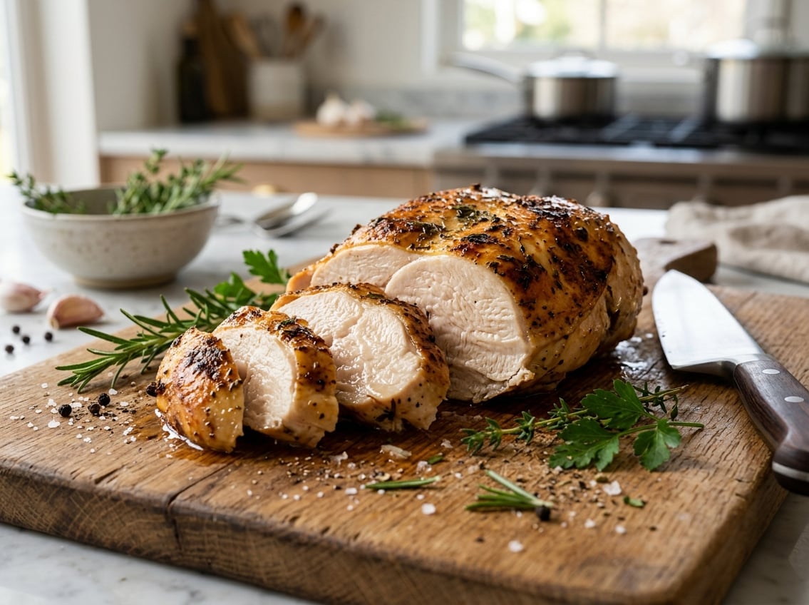 Sliced cooked chicken breast on a wooden cutting board with fresh herbs and a kitchen knife nearby.