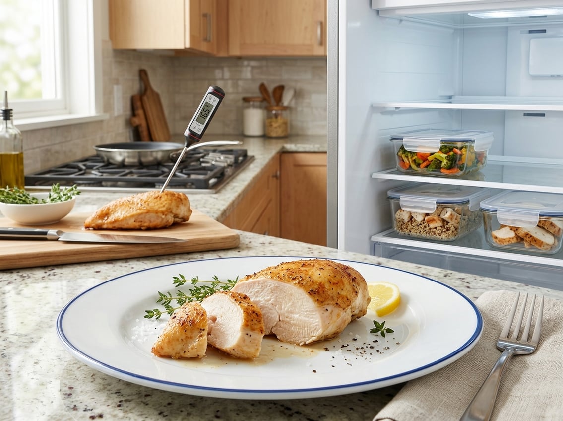 A sliced cooked chicken breast on a plate next to glass containers with stored leftovers and a digital thermometer showing safe cooking temperature in a kitchen.