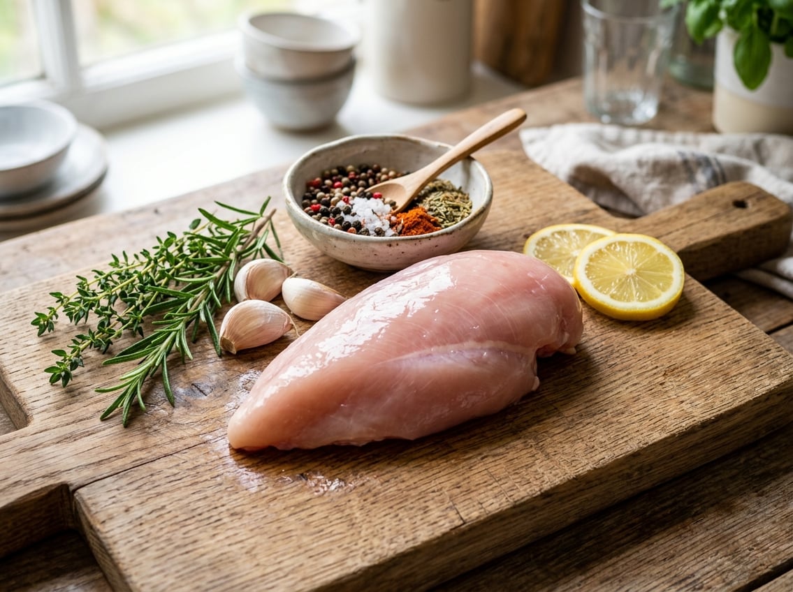 A raw chicken breast on a wooden cutting board surrounded by rosemary, garlic, lemon slices, and spices.