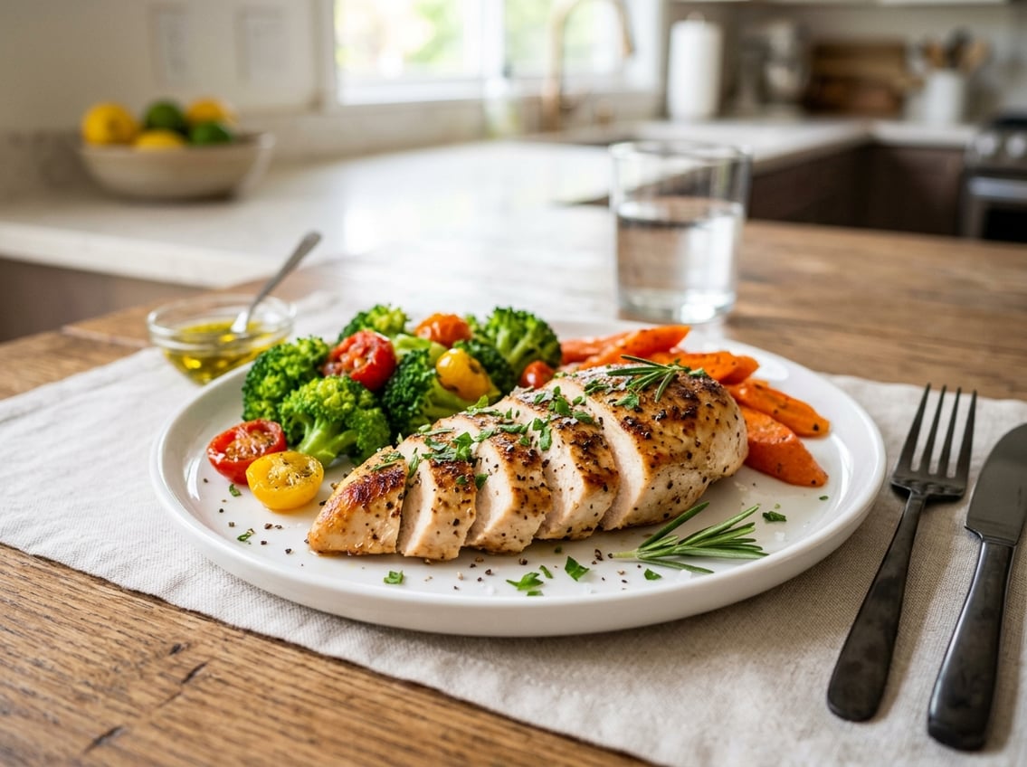 A cooked chicken breast on a white plate garnished with herbs, surrounded by fresh vegetables on a dining table.