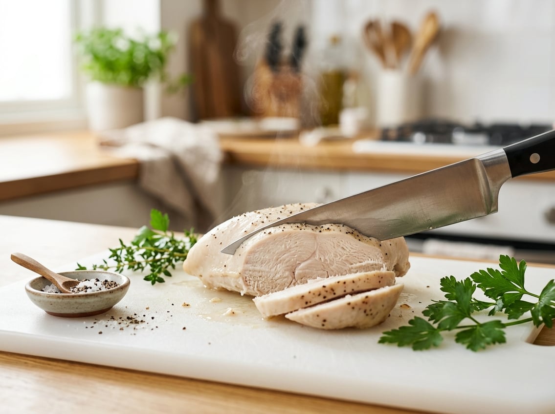 A close-up of a sliced boiled chicken breast on a white cutting board with fresh herbs nearby.