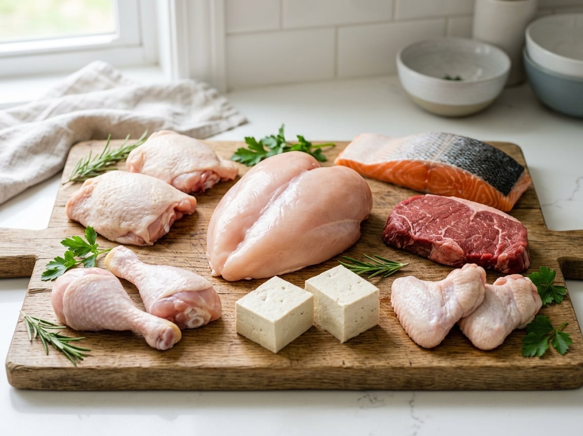 Various raw chicken cuts and other protein foods arranged on a wooden board in a kitchen setting.