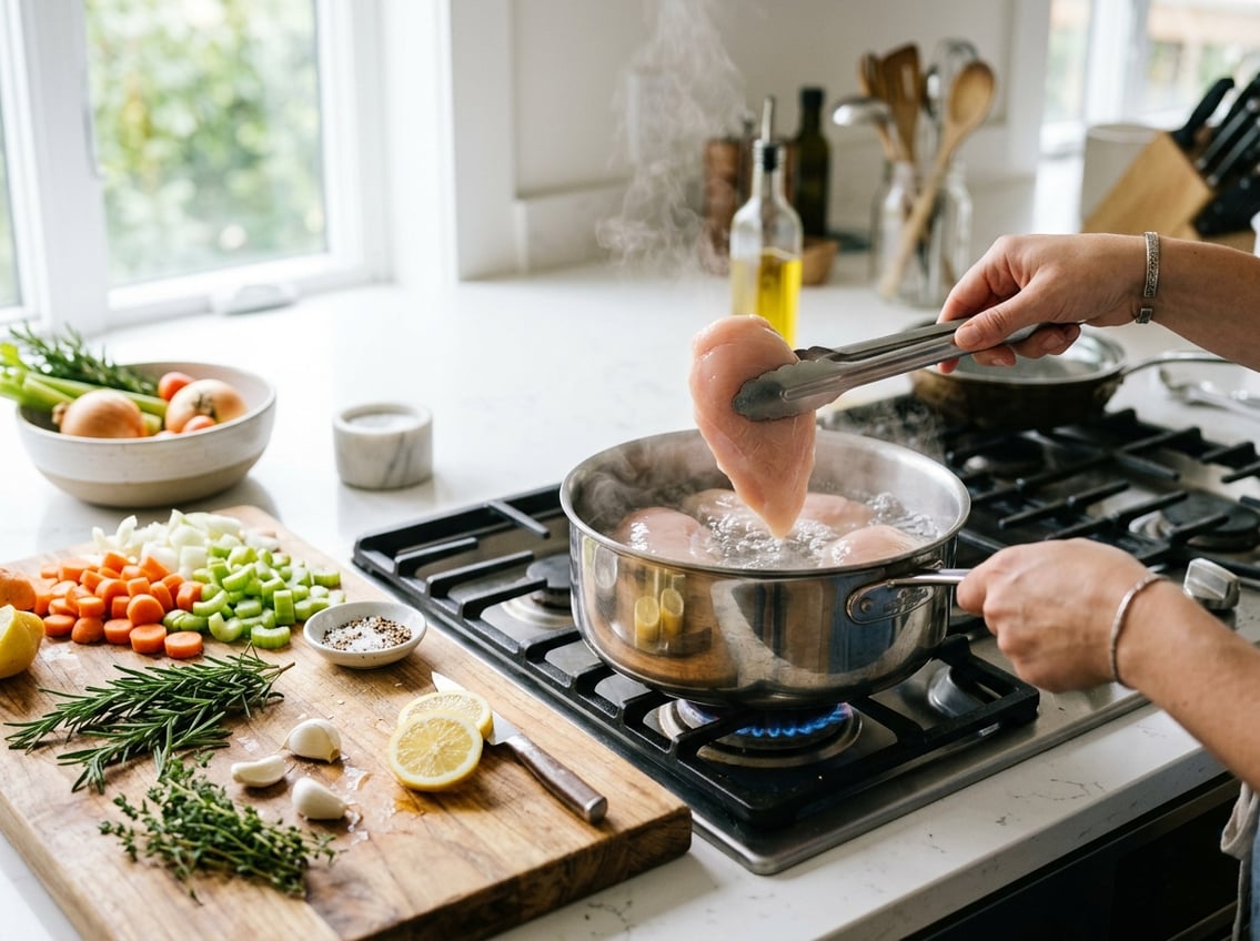 A pot of boiling water on a stove with raw chicken breasts being placed inside, surrounded by fresh herbs, vegetables, and kitchen utensils.