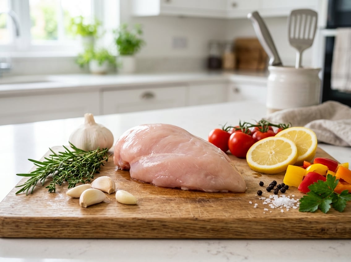 A raw chicken breast on a wooden cutting board surrounded by fresh herbs, garlic, lemon slices, and colorful vegetables in a kitchen setting.