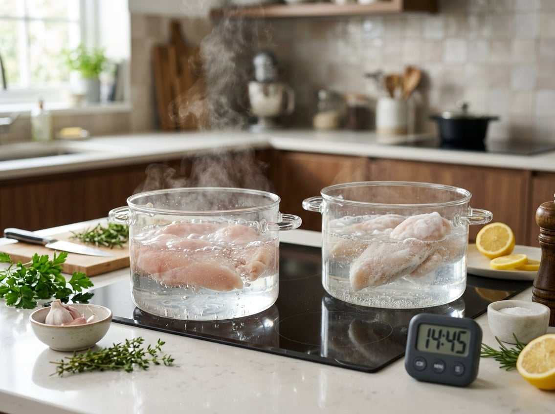 Two pots on a stove boiling fresh and frozen chicken breasts with herbs and a kitchen timer nearby.