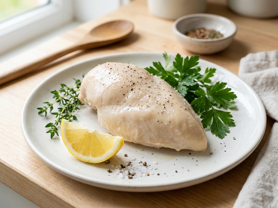 A boiled chicken breast on a white plate garnished with fresh herbs and a lemon wedge on a kitchen countertop.
