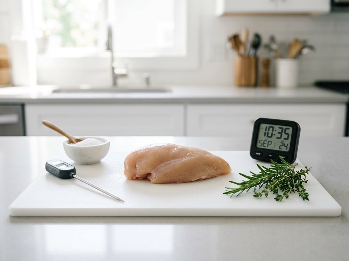 Raw chicken breast on a cutting board with kitchen tools and herbs, suggesting freshness and food safety.