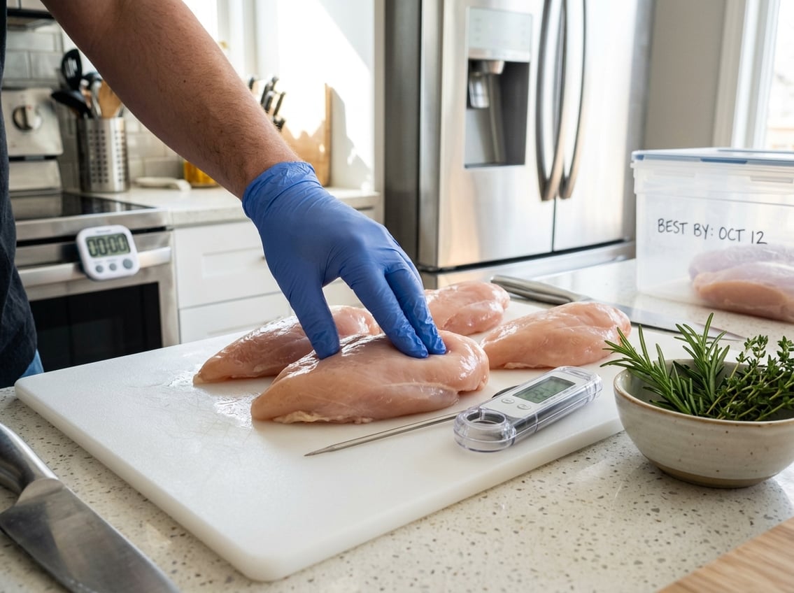 Close-up of raw chicken breasts on a cutting board with a hand pressing the meat, a kitchen thermometer, and herbs nearby in a bright kitchen.
