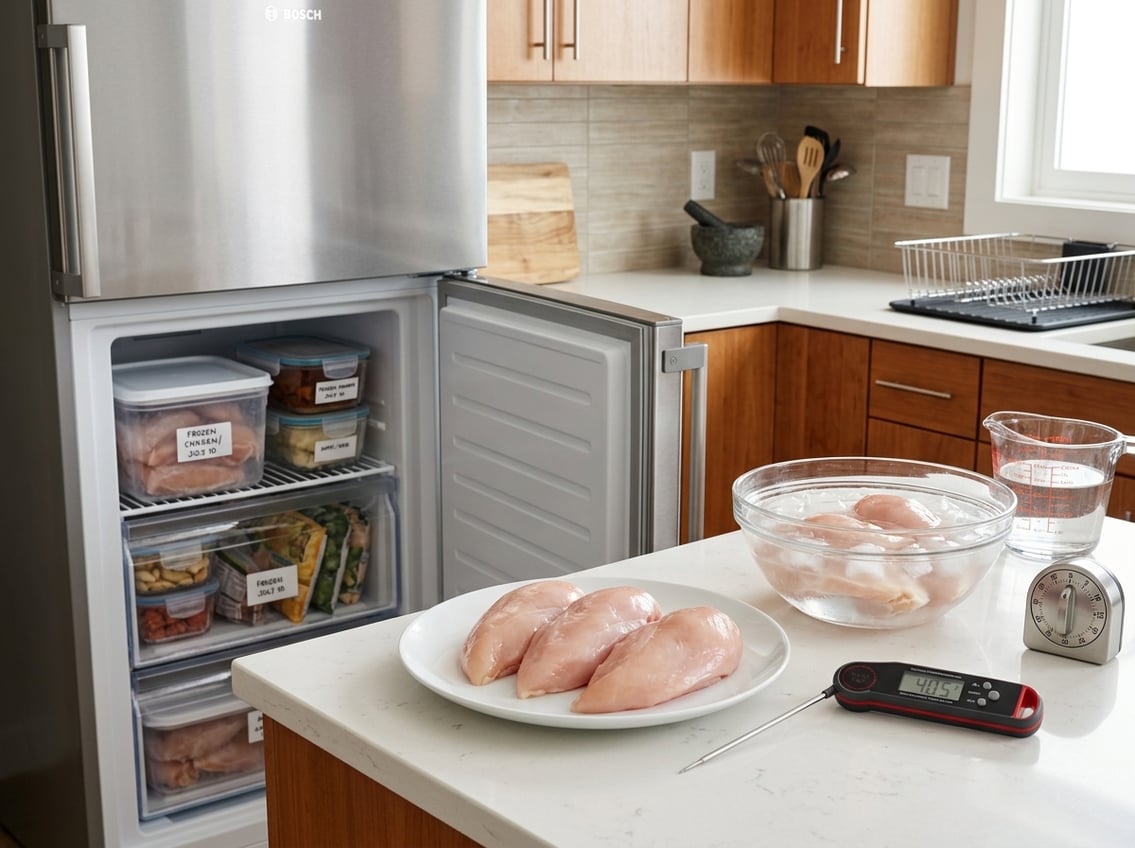 Fresh raw chicken breasts on a plate next to a thermometer, with a freezer and a bowl of thawing chicken on a kitchen counter.