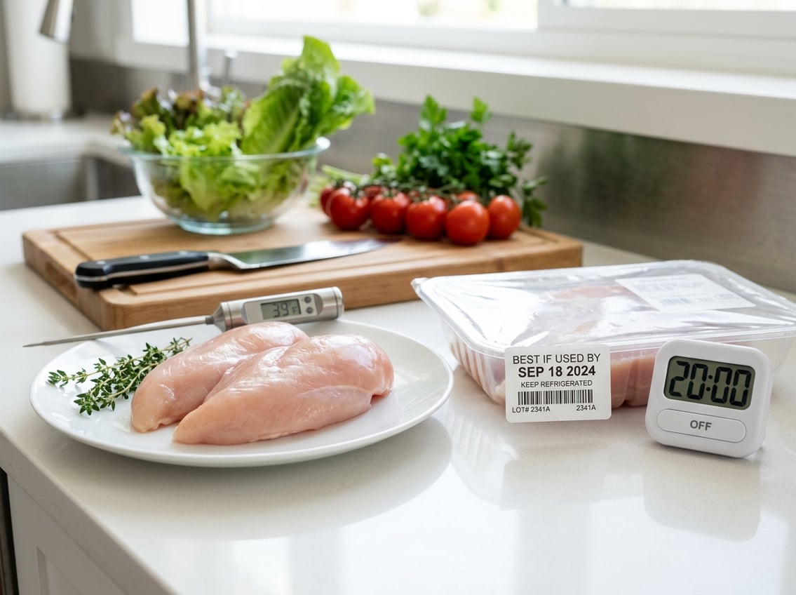 Raw chicken breasts on a white plate next to a refrigerator date label in a clean kitchen setting with a thermometer and fresh vegetables nearby.