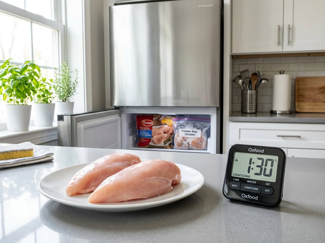 Raw chicken breasts on a white plate next to a digital kitchen timer on a kitchen countertop with an open refrigerator showing frozen chicken inside.