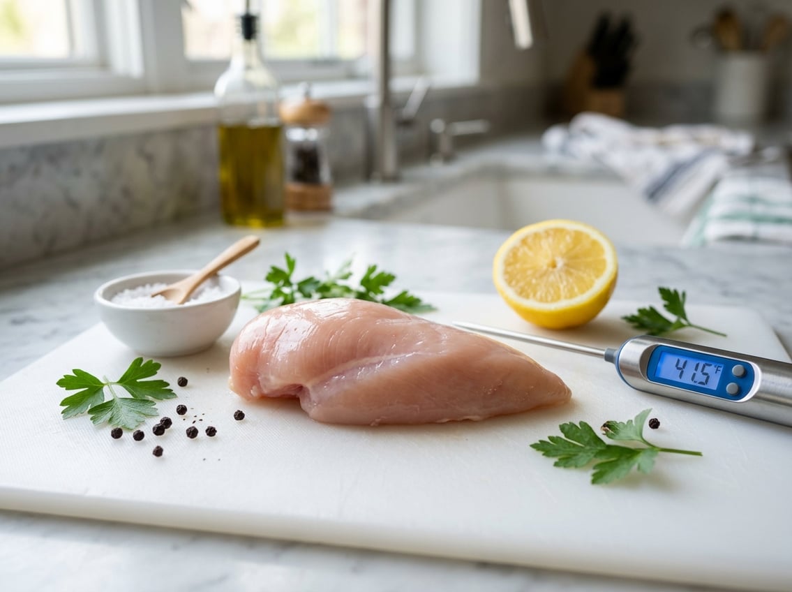 Close-up of a fresh raw chicken breast on a cutting board with a food thermometer, lemon, and herbs in a bright kitchen.