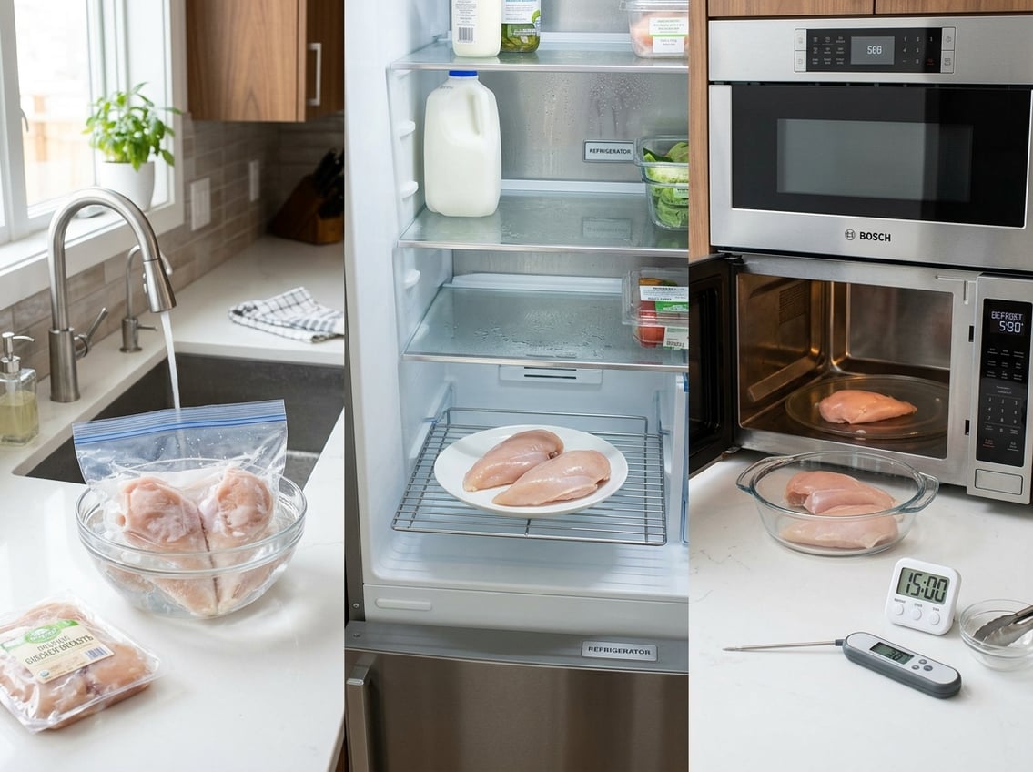 A kitchen countertop showing three safe methods to thaw chicken breast: in cold water, in the refrigerator, and in the microwave.