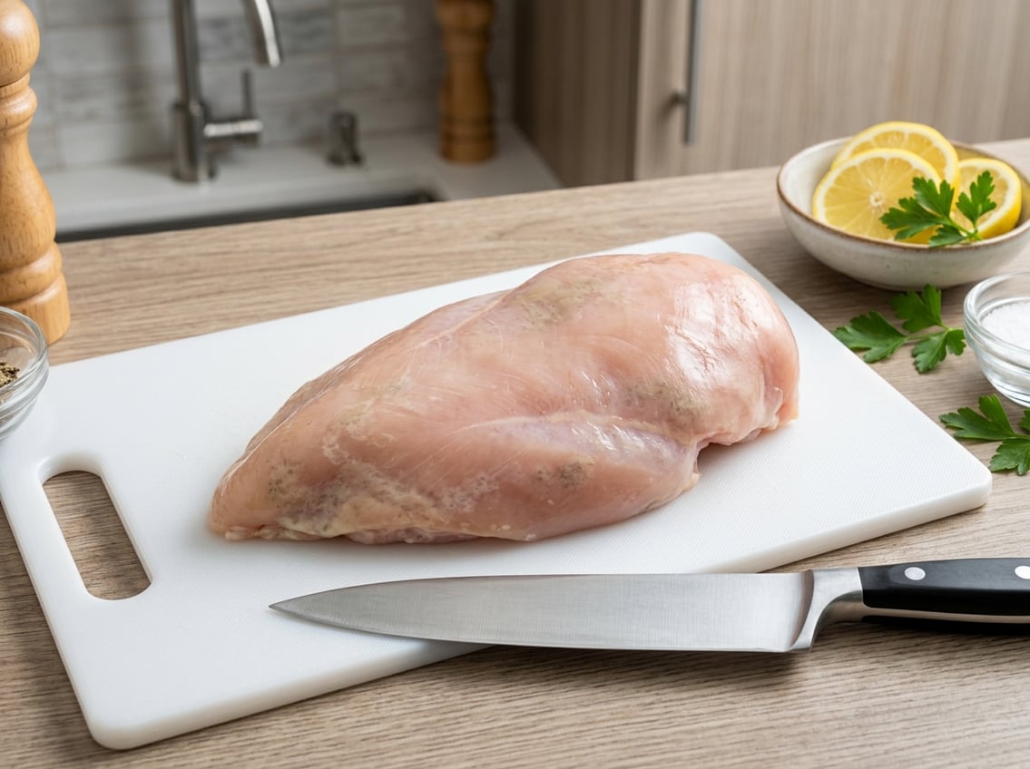 Raw chicken breast on a white cutting board with a knife, lemon slices, and herbs in a kitchen setting.