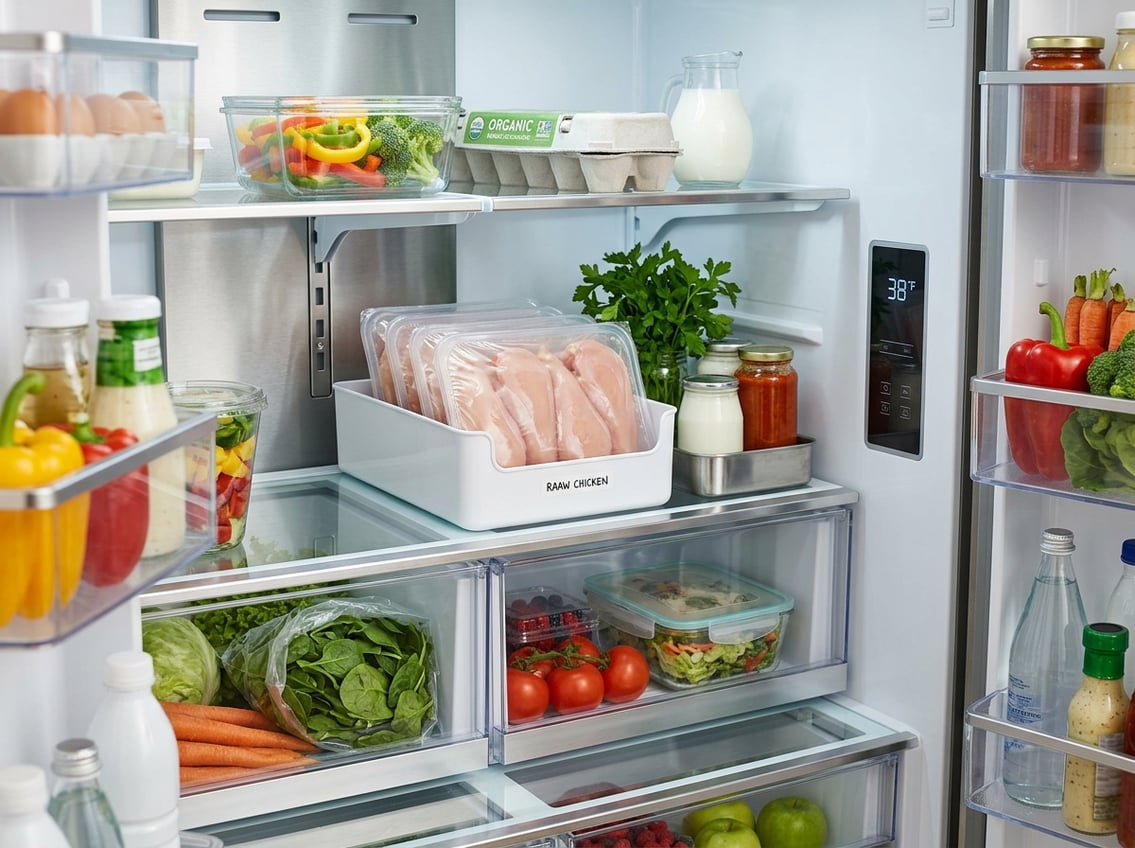 Open refrigerator showing neatly packaged raw chicken breasts stored on a shelf alongside fresh vegetables and sealed containers.