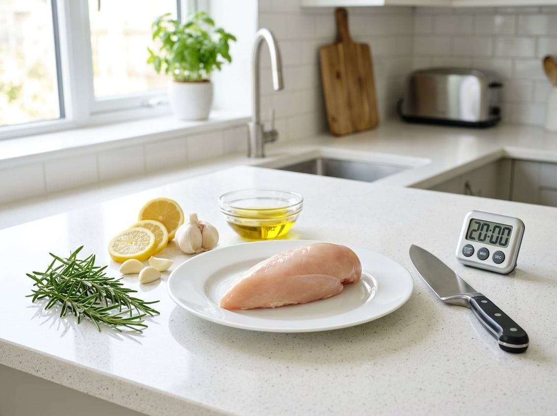 A thawed raw chicken breast on a white plate surrounded by fresh herbs, lemon slices, garlic, and kitchen tools on a clean countertop.