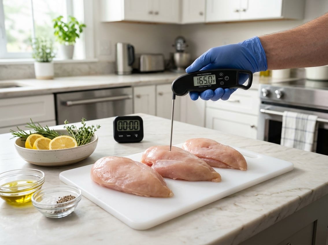 A hand checking the temperature of raw chicken breasts on a cutting board in a kitchen.