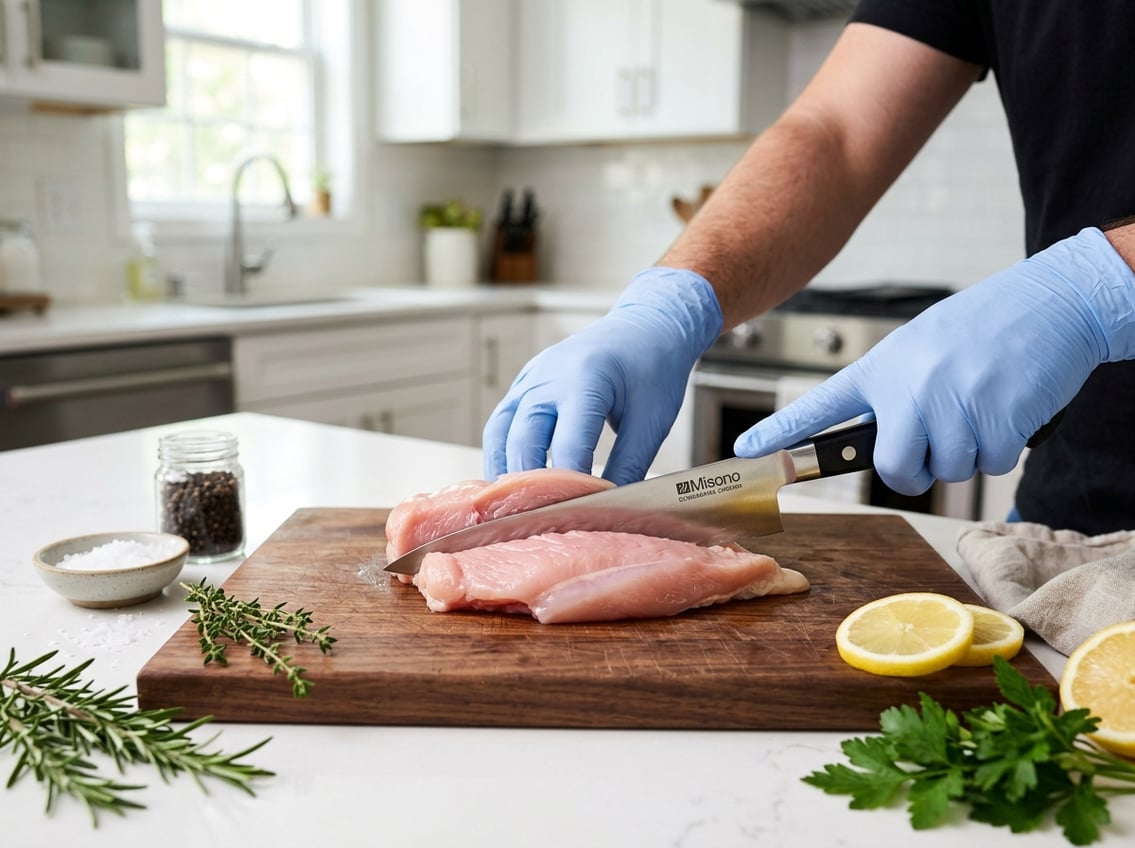 Hands wearing gloves slicing a raw chicken breast horizontally on a cutting board in a clean kitchen.
