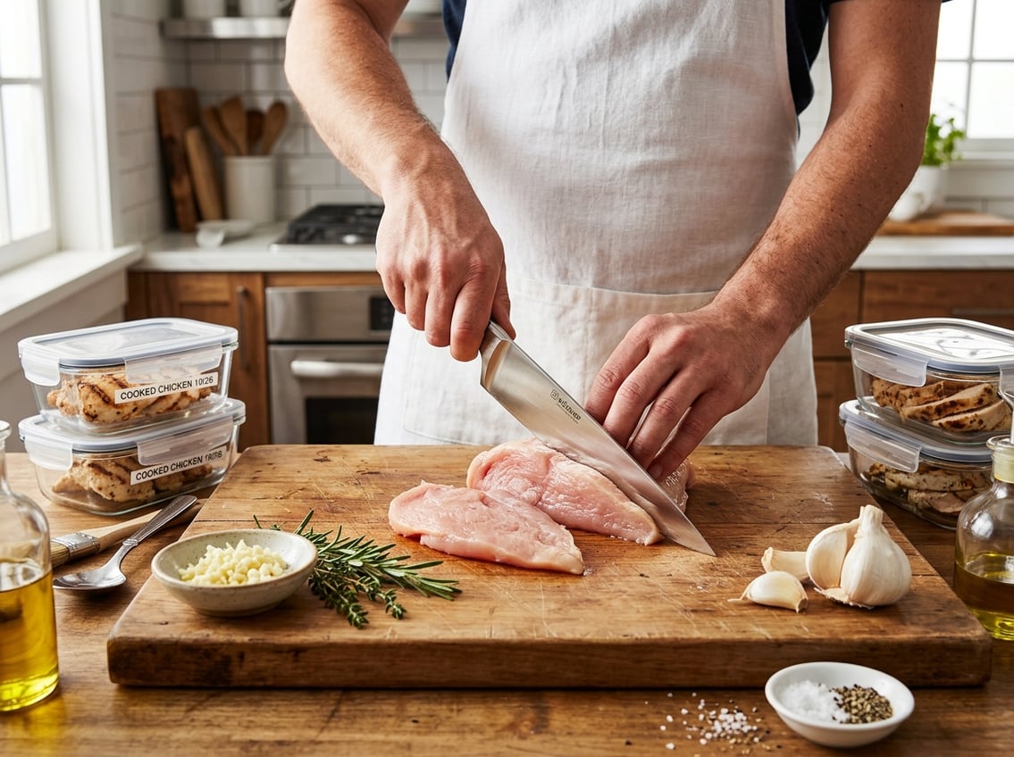 A person butterflying a raw chicken breast on a cutting board with fresh herbs and storage containers of cooked chicken in the background.