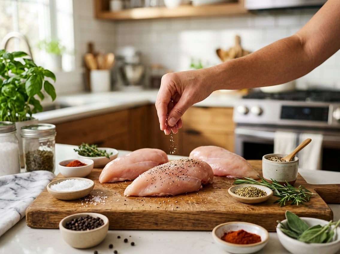 A hand sprinkling seasoning over raw chicken breasts on a wooden cutting board with bowls of spices and herbs nearby in a bright kitchen.