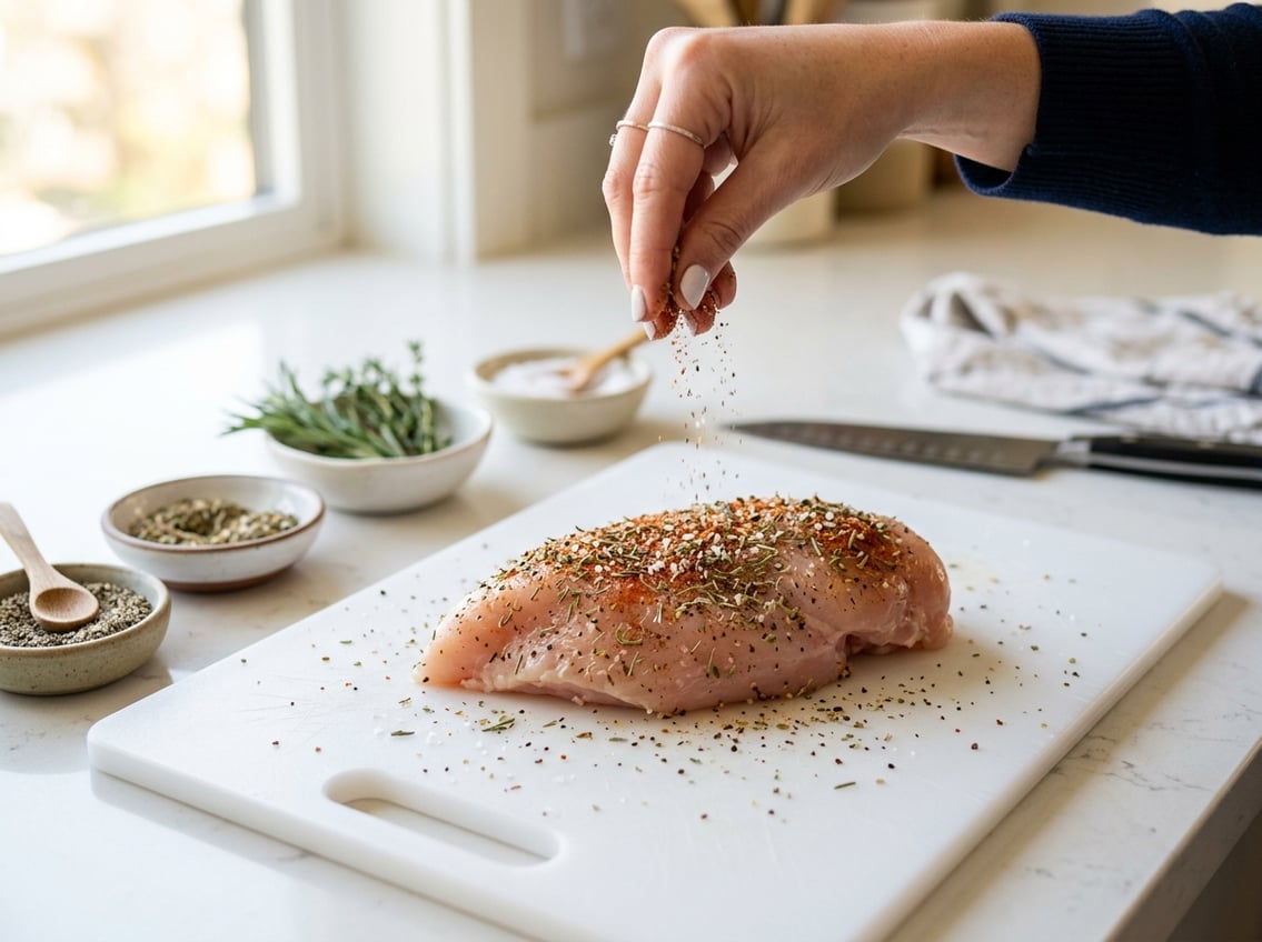A hand sprinkling seasoning onto a raw chicken breast on a white cutting board in a bright kitchen.
