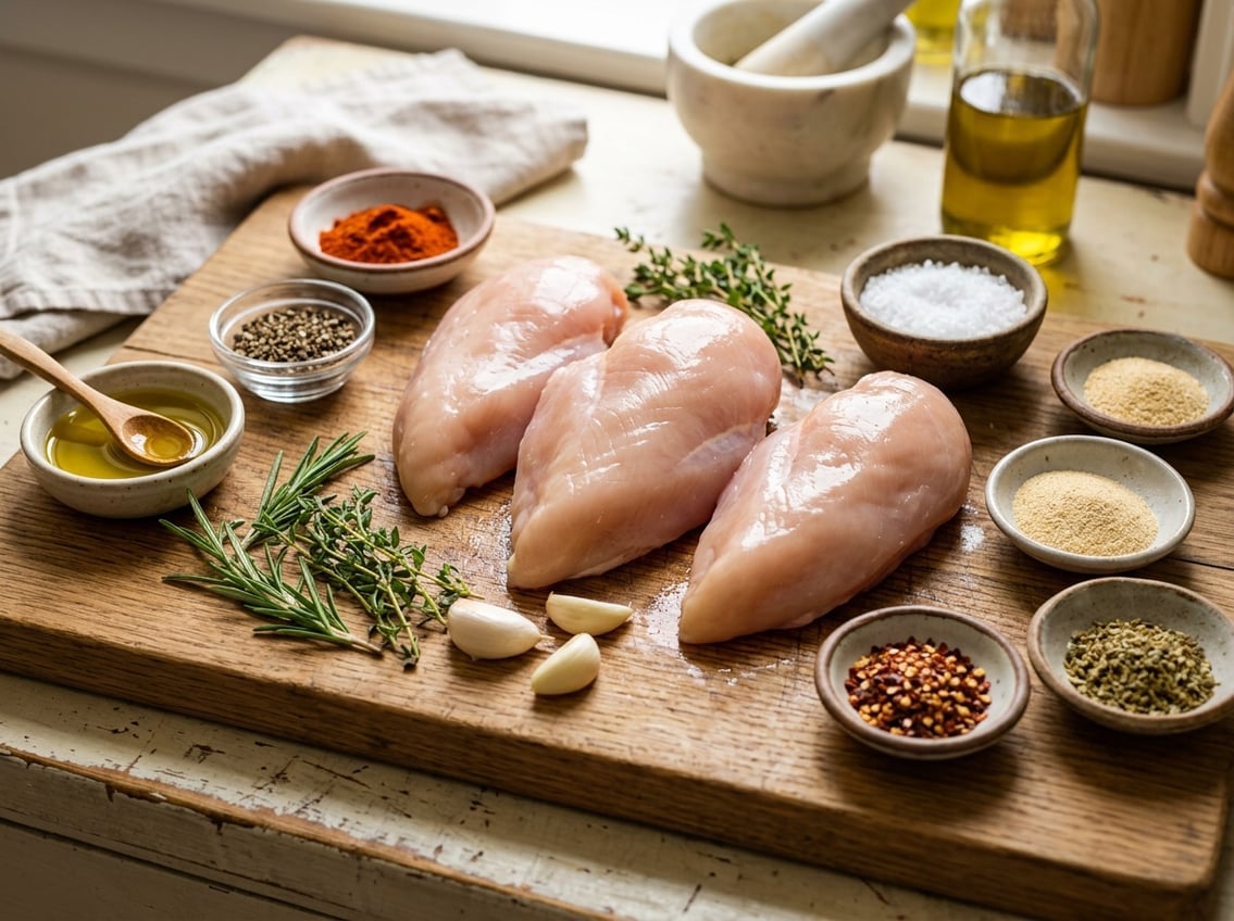 Raw chicken breasts on a wooden cutting board surrounded by various spices, herbs, garlic, and olive oil.