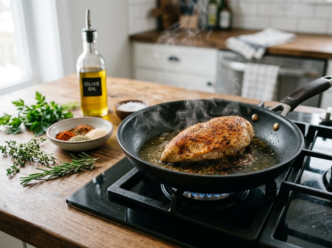 Close-up of seasoned chicken breast cooking in a skillet with herbs and spices on a kitchen countertop.