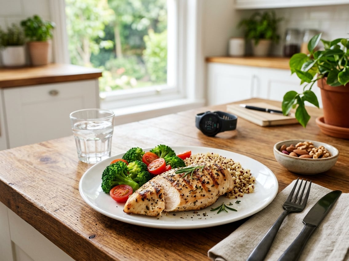 A grilled chicken breast with fresh vegetables on a plate in a bright kitchen with natural light.