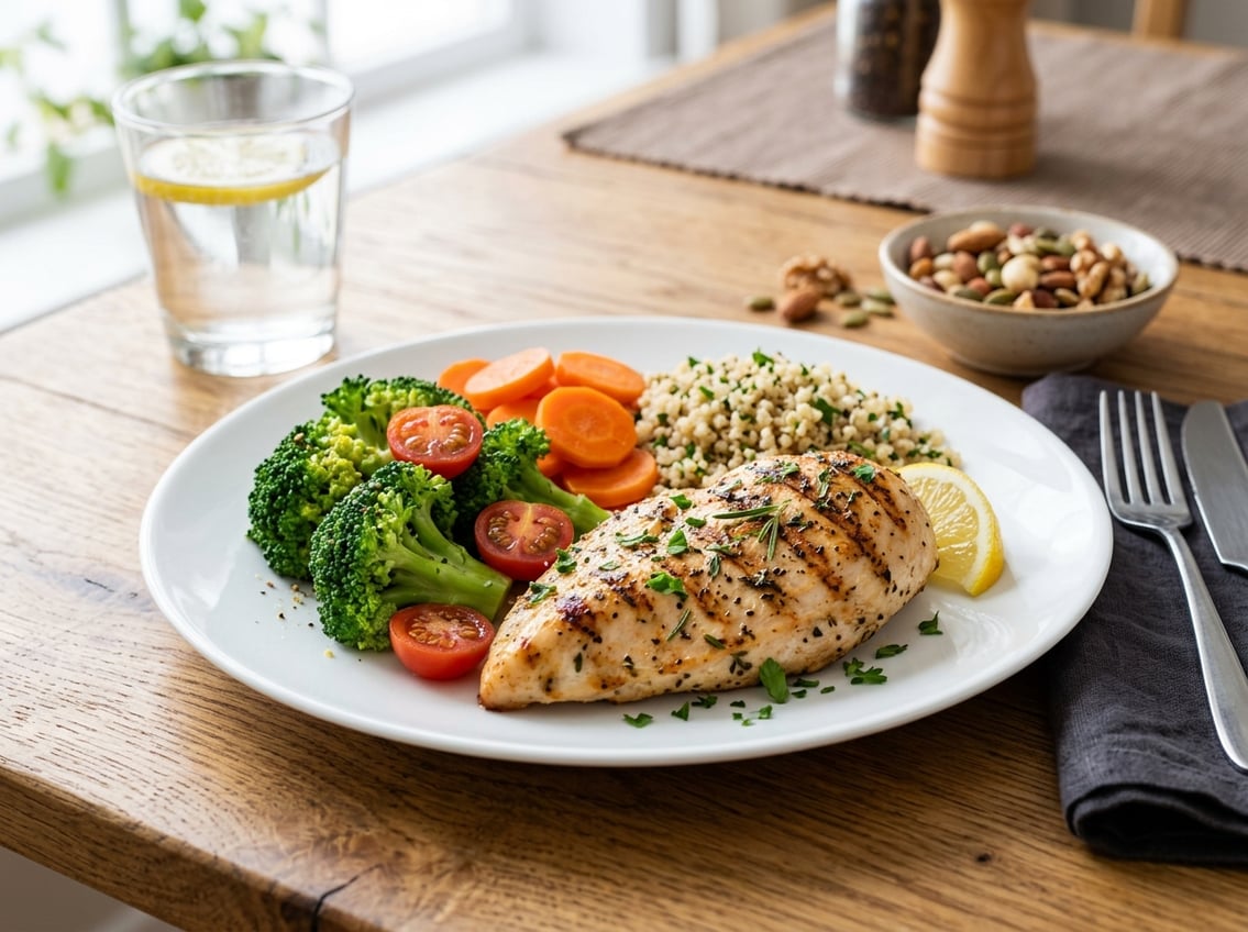 A plate with grilled chicken breast, steamed vegetables, and quinoa on a wooden table with a glass of water in the background.