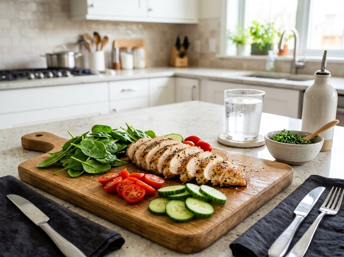 Sliced cooked chicken breast on a wooden cutting board with fresh vegetables and a glass of water in a kitchen setting.
