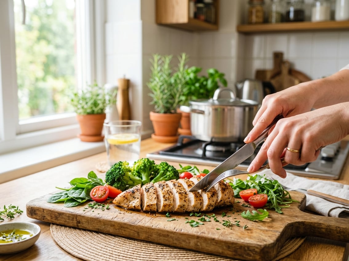 A sliced chicken breast on a cutting board with fresh vegetables in a bright kitchen, with hands cutting the chicken.