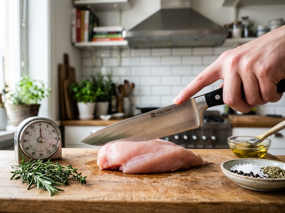 A raw chicken breast on a wooden cutting board with a chef's knife about to slice it, surrounded by fresh herbs and kitchen tools.
