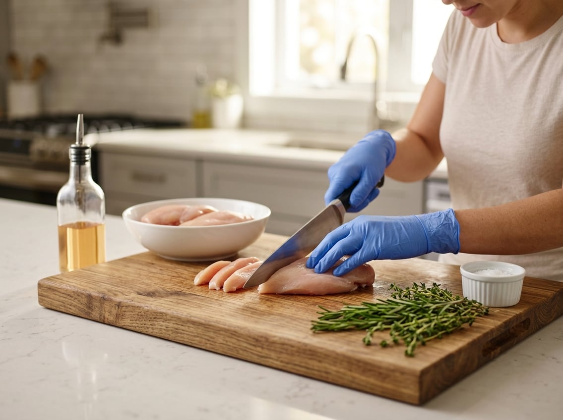 A person wearing gloves slicing a raw chicken breast on a wooden cutting board in a kitchen.